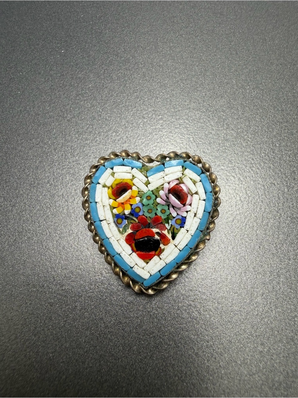 Vintage  Heart Mosaic Brooch in Blue, Red and White #52mo